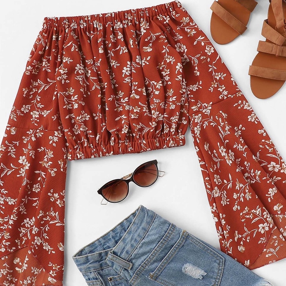 Allover Floral Crop Bardot Blouse